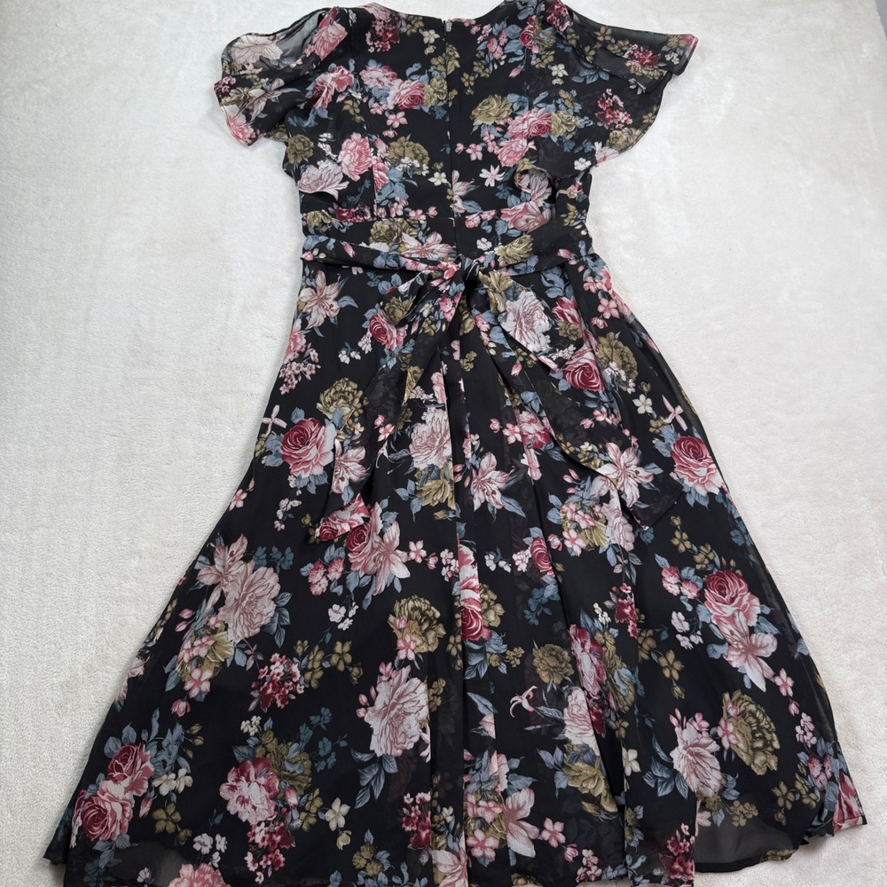 Lulus Black Floral Chiffon Midi Dress Surplice Flutter Sleeve Pink Rose Womens M - Picture 5 of 8